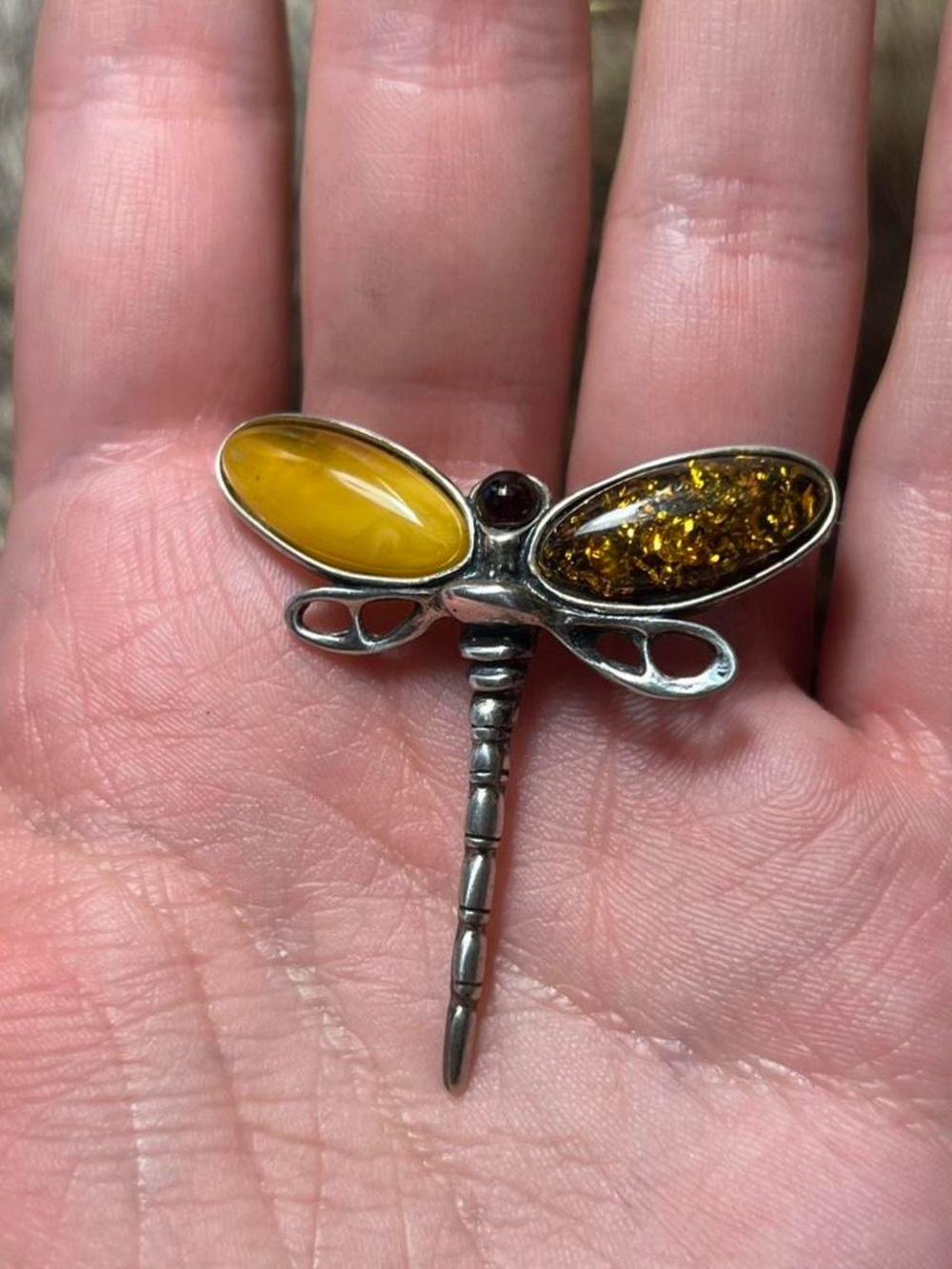 Sterling silver Baltic amber dragonfly brooch